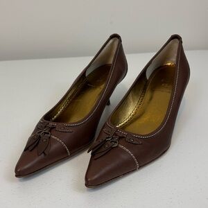 J Crew Made In Italy Brown Leather Tassel Kitten Heel Pointed Toe Pump Women 8.5